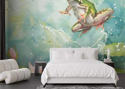 Graceful Frog Leaping on Lily Pads - Dynamic Watercolor Nature Scene Wall mural