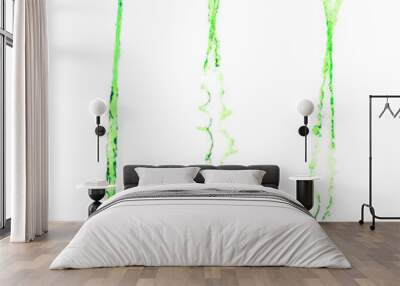 Green juice from nature splash in Air. Water green leaf pour from sky and purify clean natural. Many shape form of water splashing flow over White background Isolated. Wall mural