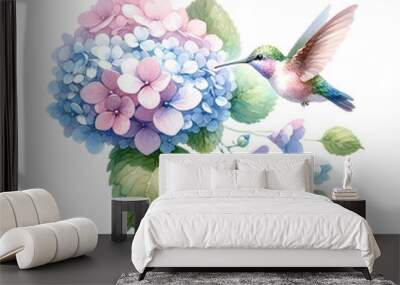 hummingbird approaching pastel hydrangea illustration Wall mural