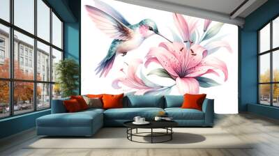 Hummingbird Hovering Over Pink Lily Illustration
 Wall mural