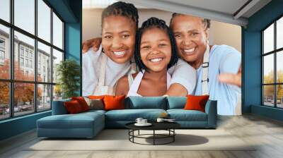 Black family, selfie and cooking in home kitchen with help, apron and happiness with girl, mother and grandmother for bonding time. Portrait and smile of child, woman and senior together for support Wall mural