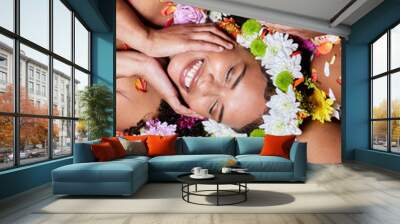 Black woman, flowers and face skincare beauty for cosmetics makeup or natural skin wellness. African friends, floral crown and nature product for luxury plant aesthetic or relax, zen and facial care Wall mural