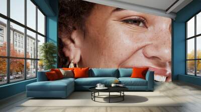 Face, beauty and smile with a model black woman in studio for skincare, cosmetics or natural treatment. Wellness, makeup and luxury with an attractive young female closeup for facial dermatology Wall mural