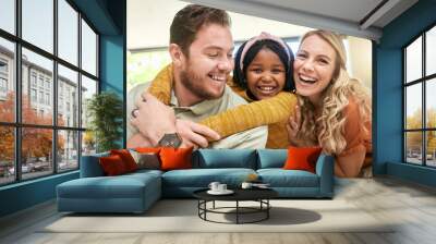 Family, children and adoption with a girl, mother and father bonding in the living room of their home. Portrait, love and smile with happy foster parents and black daughter together in a house Wall mural