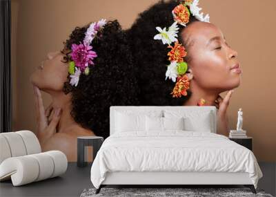 Flower, skincare beauty and black woman wellness health for cosmetics plant product for organic skin healthcare, natural afro hair care and women relax. Eco friendly, luxury spa and nature treatment Wall mural