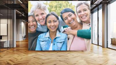 Nature, friends and portrait of group of women enjoying bonding, quality time and relax in retirement together. Diversity, friendship and faces of happy females with smile, hugging and wellness Wall mural