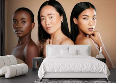 Skincare, diversity, and portrait of multicultural models with salon hair on studio background. Health, wellness and luxury cosmetics, healthy skin care and beautiful people, women in natural makeup Wall mural