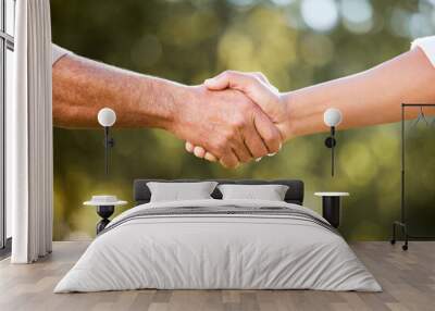 We can do this together. Shot of two unrecognisable men shaking hands outdoors. Wall mural