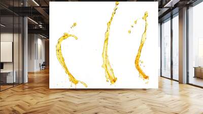 Orange, lemon juice or oil lubricant splash, liquid gold yellow drink drops. Fruit beverage water elements in line form . Fresh splashing and flowing jets, white background isolated freeze motion Wall mural