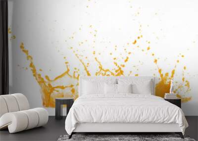 Orange Mango Juice pouring and splash as crown water. Orange Mango Juice explode bubble splash in mid air. Orange juice element water. White background isolated photography Wall mural