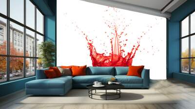 Red wine tomatoes Juice pouring and splash as crown water. Blood plasma Juice explode bubble splash in mid air. Red strawberry pomegranate liquid element water. White background isolated photography Wall mural