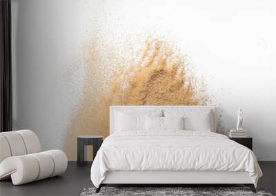 Sand flying explosion, Golden sand wave explode. Abstract sands cloud fly. Yellow colored sand splash throwing in Air. White background Isolated high speed shutter, throwing freeze stop motion, png Wall mural