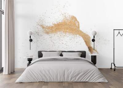 Sand flying explosion, Golden sand wave explode. Abstract sands cloud fly. Yellow colored sand splash throwing in Air. White background Isolated high speed shutter, throwing freeze stop motion, png Wall mural