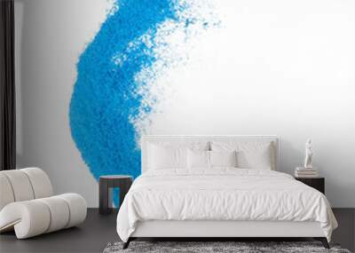 Small size blue Sand flying explosion, Ocean sands grain wave explode. Abstract cloud fly. Blue colored sand splash throwing in Air. White background Isolated high speed shutter, throwing freeze stop Wall mural