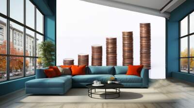 Stack of six coin column as money saving investment or wealth grow and get profit from time. Economy success make money earning as graph growth over white background isolated Wall mural