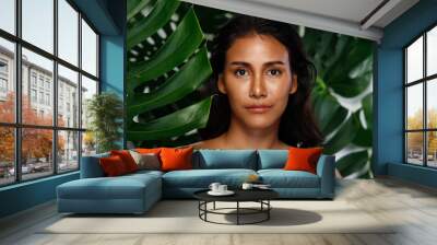 Woman face body live in Green natural for nutrition fresh vitamins. Asian Indian female blend Wall mural