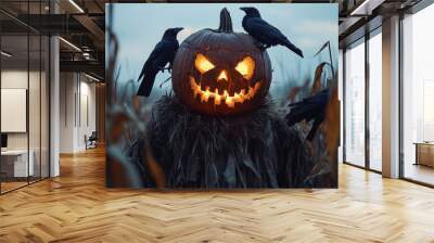 A Scarecrow with Jack o lanterns head standing in a field Wall mural