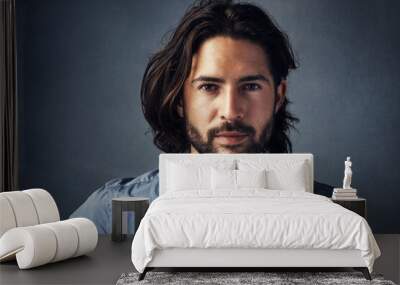 Beard, long hair and portrait of business man with confidence on gray studio background. Face, businessman and model with professional style of entrepreneur, manager or formal corporate worker Wall mural