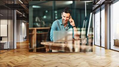 Happy business man, phone call and laptop in office for conversation, communication and contact for planning. Male worker talking on cellphone at computer for mobile networking, consulting and hello Wall mural