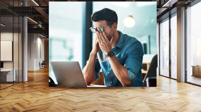 Headache, stress and tired business man at laptop in office for anxiety, debt crisis and eye strain problem. Burnout, fatigue and worker at computer with pain, brain fog and frustrated with mistake Wall mural