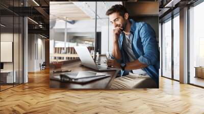 Man in coffee shop, laptop and small business owner, entrepreneur in hospitality management and connectivity. Happy male professional, cafe franchise and wireless connection with digital admin on pc Wall mural