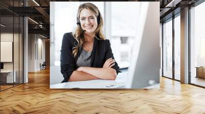 Happy woman, callcenter and arms crossed in portrait, contact us with communication and CRM. Customer service, phone call and female consultant with headset and smile, help desk and tech support Wall mural