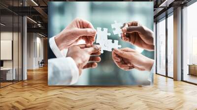 Puzzle, teamwork or group of people hands for solution, business goals and integration of workflow or success. Team building, games and development of person problem solving, synergy or collaboration Wall mural