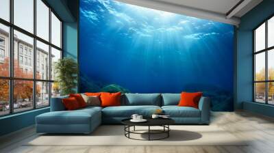 underwater sea deep water abyss with blue sun light Wall mural