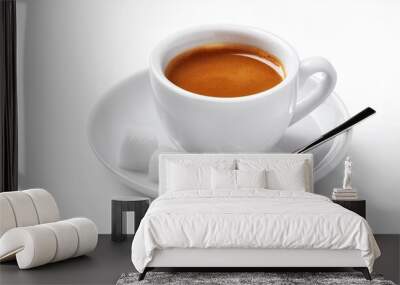 white cup of espresso with a saucer sugar and a spoon isolated on a white background Wall mural