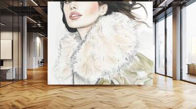 Chic Winter Fashion: Model Wearing Faux Fur and Camouflage Wall mural