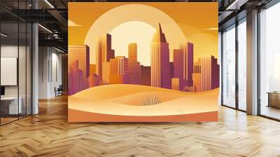 Desert Sunset with City Skyline and Cactus Wall mural