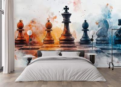 Dynamic Chess Pieces with Colorful Splash Effects Wall mural