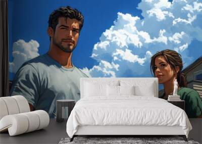 Family Portrait Outdoors with Summer Clouds Wall mural