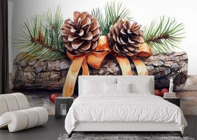 Festive Pinecones with Ribbon and Greenery Decoration Wall mural