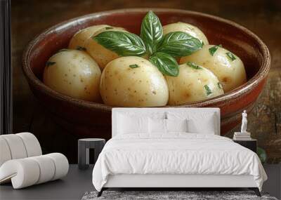 Fresh Potatoes with Basil in Rustic Bowl Wall mural