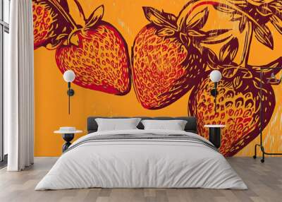 Illustration of Juicy Strawberries on Vibrant Orange Background Wall mural