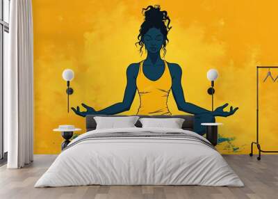 Meditative Woman in Blue Against Yellow Background Wall mural