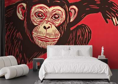 Stylized Chimpanzee Illustration on Vibrant Red Background Wall mural