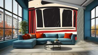 Stylized Red Tram in Rainy Environment Wall mural