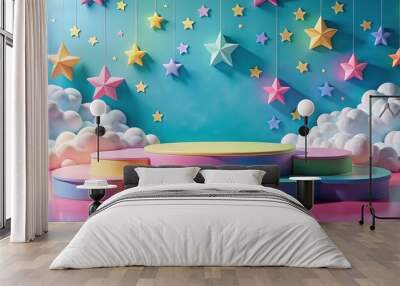 Colorful podium with clouds and stars in a playful setting, podium, colorful, clouds, stars, playful, whimsical, bright Wall mural