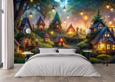 Enchanted fairy village glowing at twilight with tiny houses and mystical creatures, fairy, village, enchanted Wall mural