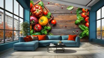 Fresh vegetable table with ripe tomatoes and fragrant basil leaves , vegetables, fresh, table, tomatoes, basil, organic Wall mural