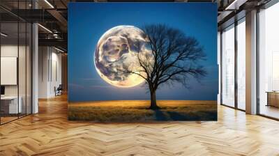 Full moon shining brightly in the night sky behind a barren branch tree in the field , harvest moon, super moon, night sky Wall mural