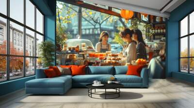 A casual lifestyle scene of friends sharing a variety of Eastern sweets at a cozy cafe decorated with hanging lanterns. Concept of socializing, cafe culture, casual dining, and friendly atmosphere. Wall mural