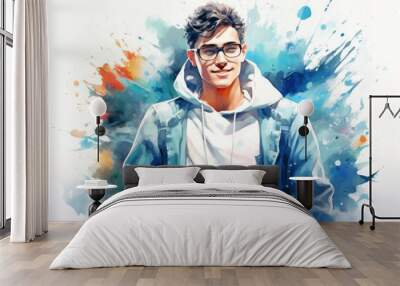 A vibrant watercolor portrait of a young man with glasses in a white hoodie. On a background of aquarelle splashes. Concept of modern youth fashion, casual style, artistic watercolour painting. Wall mural