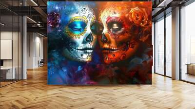 Abstract Dia de los Muertos artwork with vibrant skulls. Colorful, artistic representation of Day of the Dead. Concept of Mexican culture, festive art, colorful abstraction, and celebration Wall mural