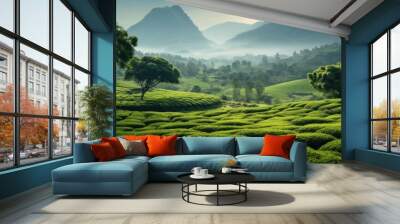 Ancient tea gardens of Yunnan Province, where Pu-erh tea trees thrive. Lush greenery and serene ambiance of this tea-producing region. Landscape, plantation tea harvest. Beautiful background Wall mural