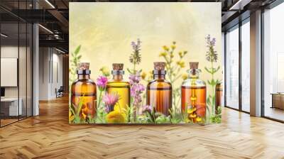 Array of glass vials with homeopathic pills and natural tinctures on lush backdrop of herbs and flowers. Variety of healing remedies. Concept of homeopathy, alternative medicine. Banner. Copy space Wall mural