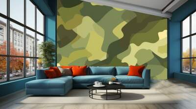 Camouflage pattern with organic shapes. Green camo texture. Backdrop. Concept of military, hunting gear, army uniform, woodland environment, survival. Wide banner Wall mural