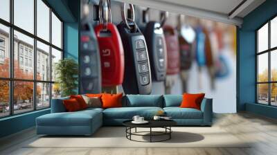 Car keys hanging on a rack. Various keys for different vehicles. Concept of transportation, security, auto management, keychain, organized storage Wall mural